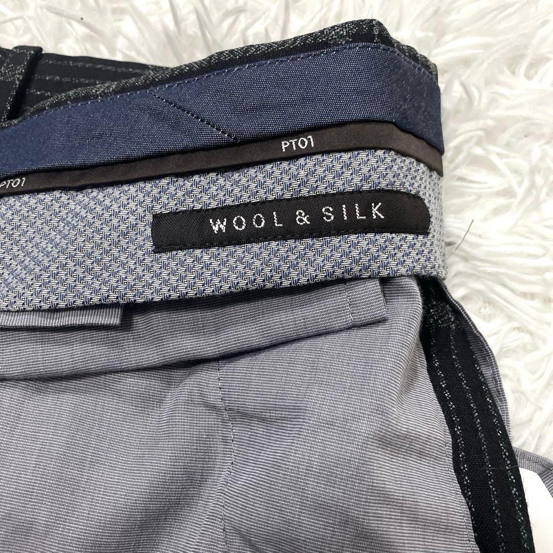 美品✨　PT01　スラックスパンツ　チェック柄　シルク混　46　ブラック