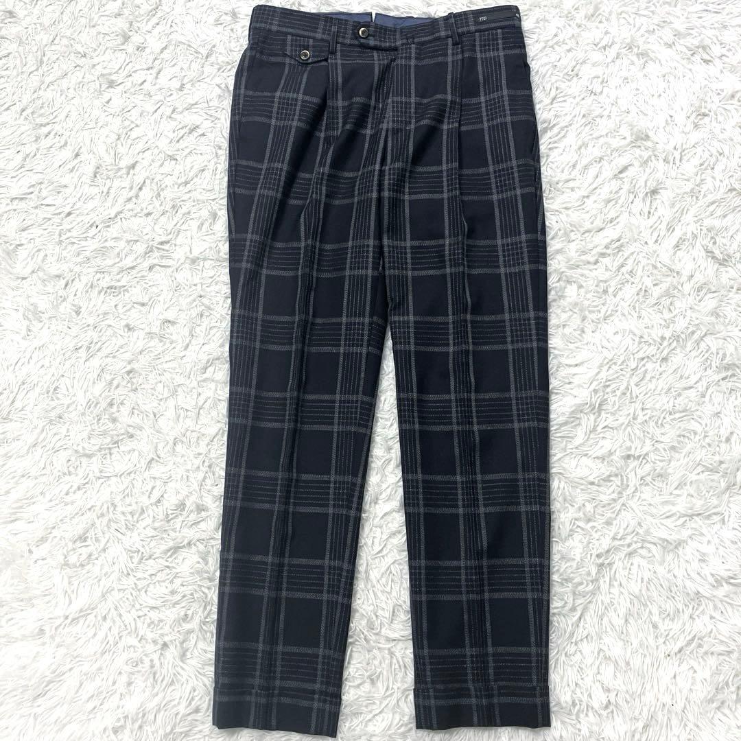 美品✨　PT01　スラックスパンツ　チェック柄　シルク混　46　ブラック
