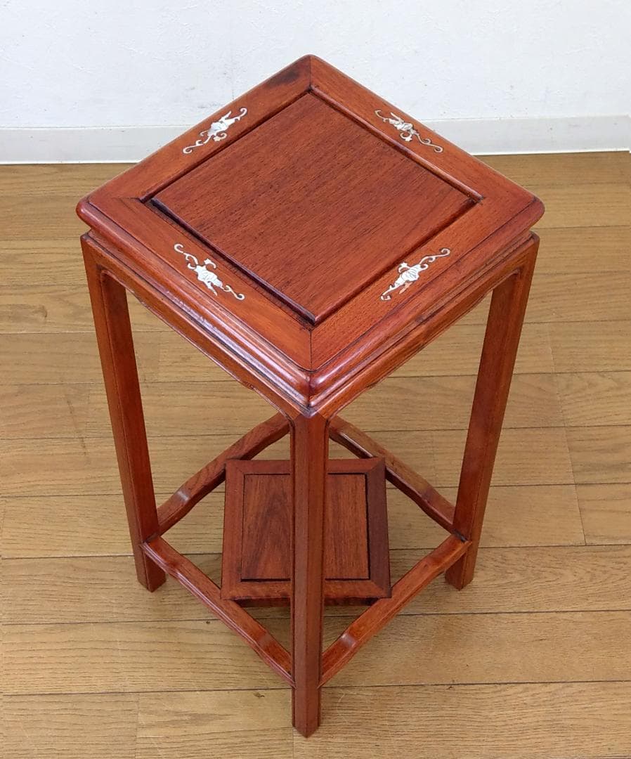 美品 唐木 花梨 象嵌 螺鈿細工 高卓 正方卓 花台 飾り台 香炉台 盆栽台