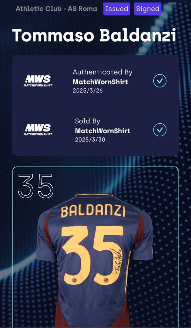 【ASローマ】トンマーゾ・バルダンツィ 選手支給&直筆サイン入りユニフォーム
