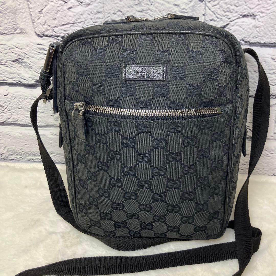 グッチ✨GGキャンバス レザー ショルダーバッグ 斜め掛け 黒
