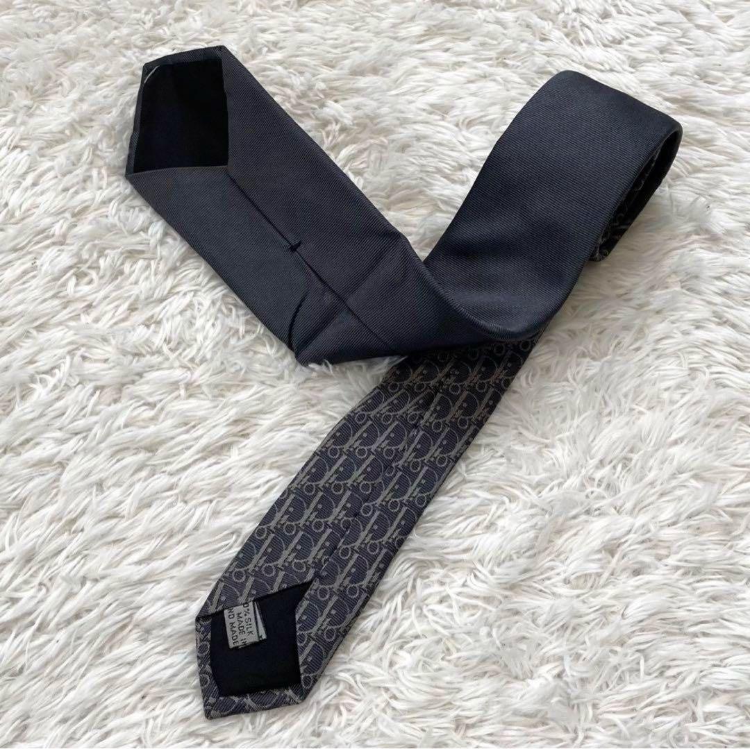 ［美品］ディオールオム　オブリーク　ストライプ　シルク　ネクタイ　ネイビー