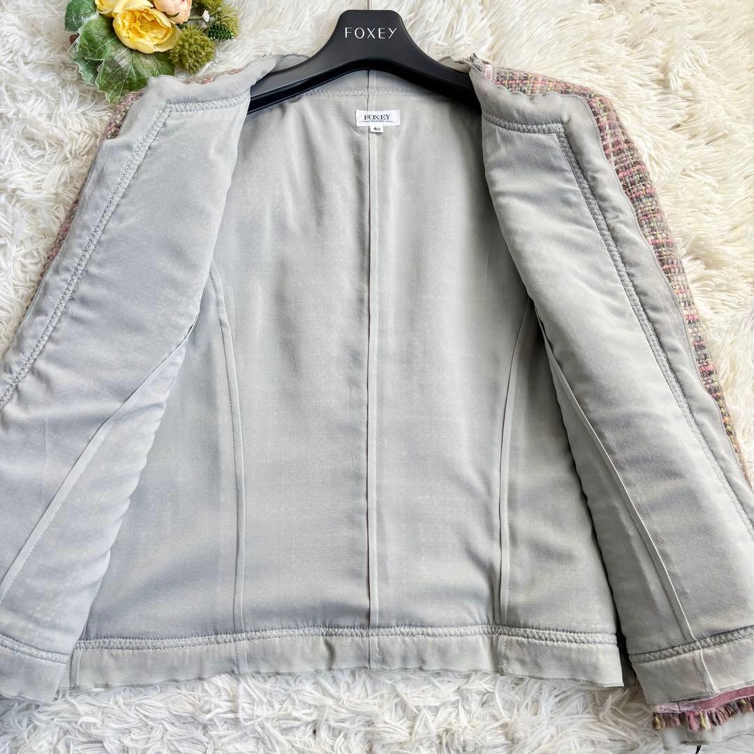 新品タグ付き♡フォクシー ノーカラージャケット ミックスツイード シルク 42