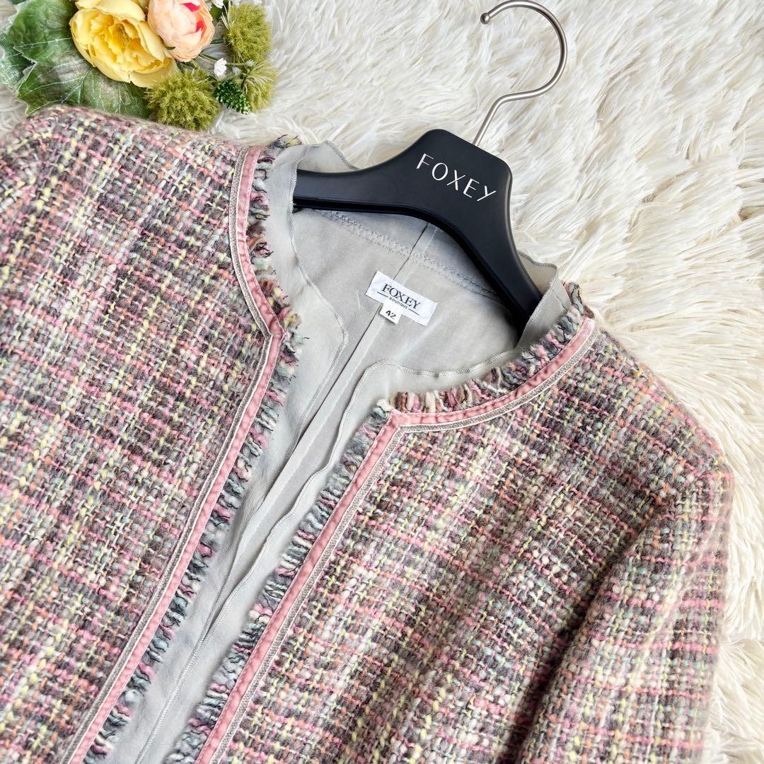 新品タグ付き♡フォクシー ノーカラージャケット ミックスツイード シルク 42
