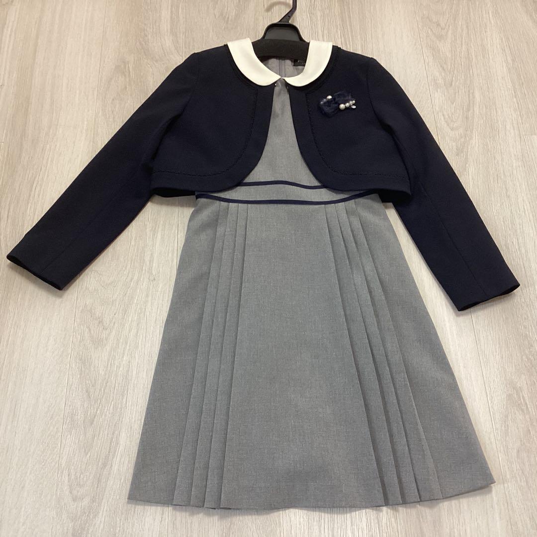 ポンポネットS/140 受験 卒服 グレーワンピ　紺ボレロ ブローチ3点セット