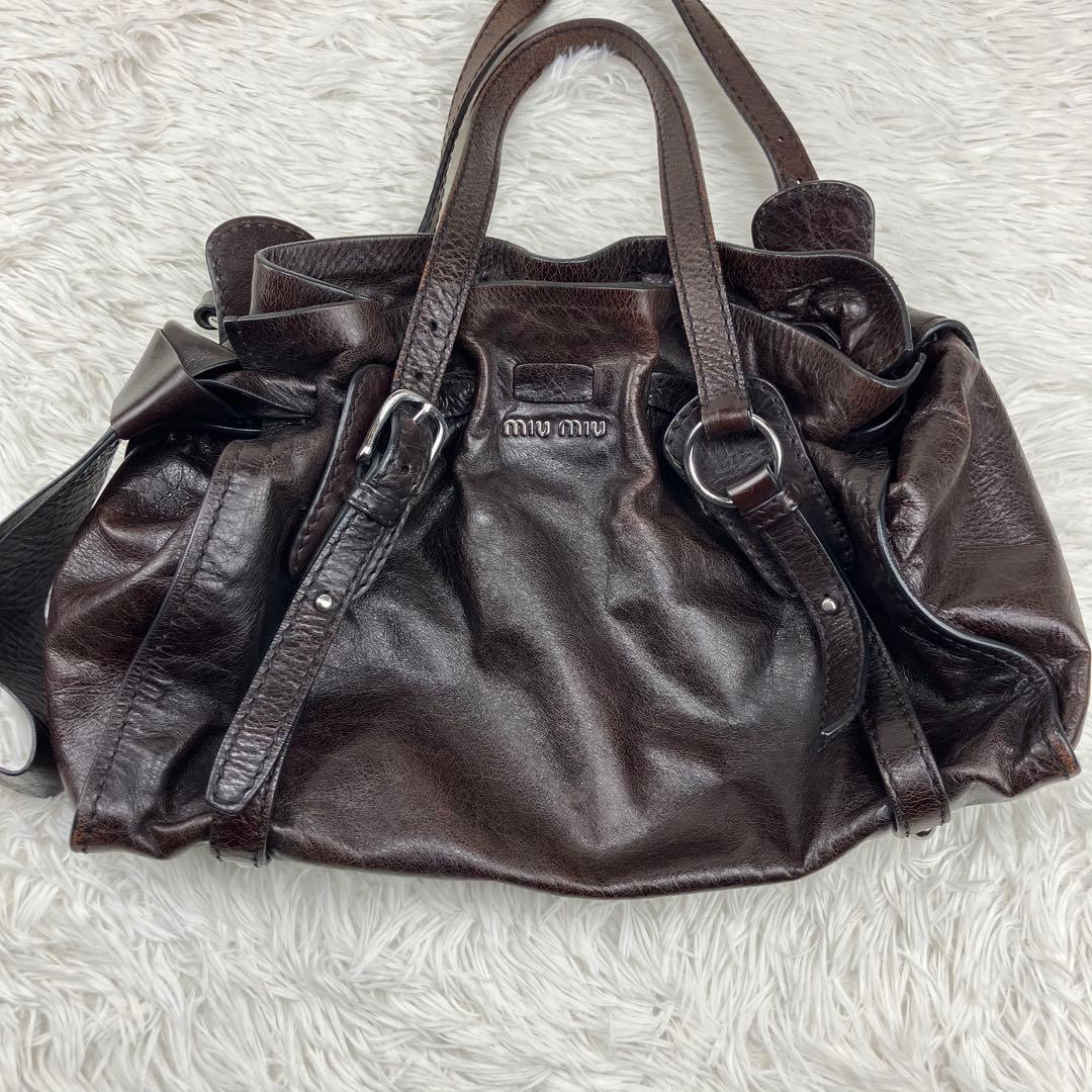 miu miu ミュウミュウ　サイドリボントートバッグ　ダークブラウン
