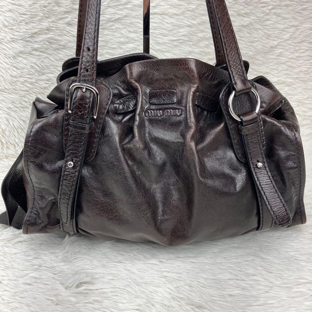 miu miu ミュウミュウ　サイドリボントートバッグ　ダークブラウン