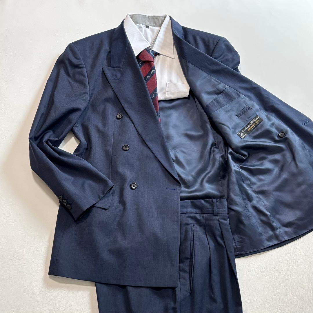 ヒューゴボス イタリア製生地 XLサイズ スーツ セットアップ ダブル ネイビー