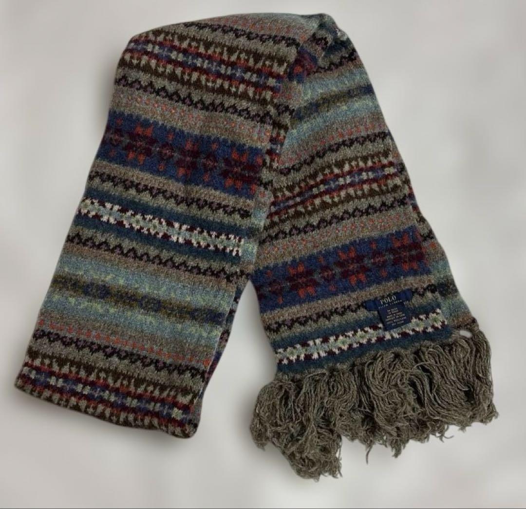 ポロ ラルフローレン フェアアイル柄 ウール マフラー フリンジ マルチカラー