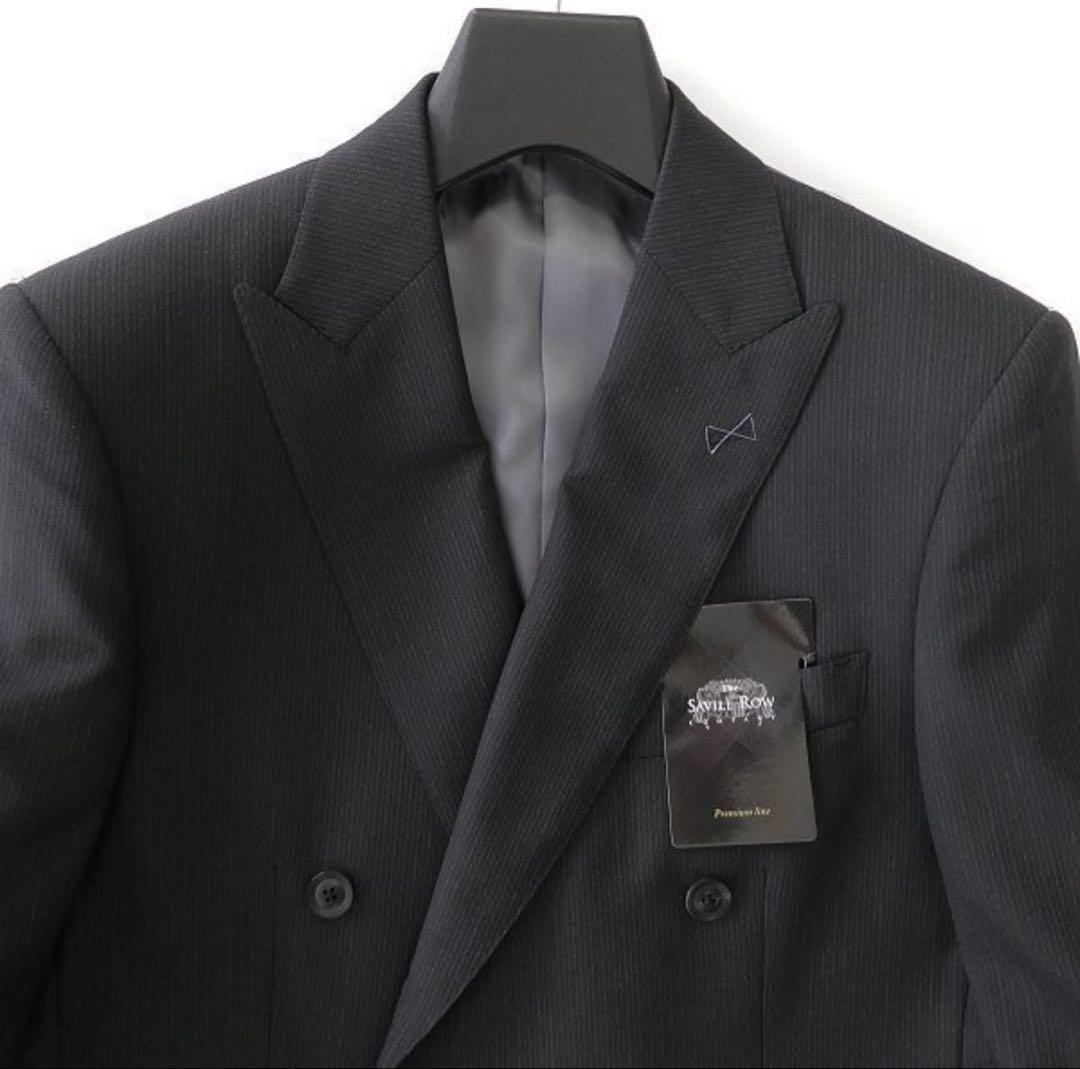【新品】サヴィルロウ 英国 ウール ストライプ ダブルスーツ YA6 濃灰