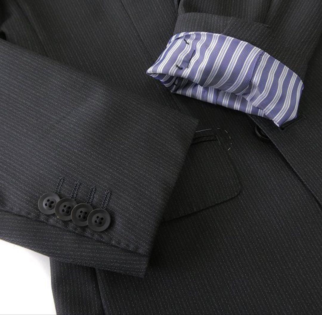 【新品】サヴィルロウ 英国 ウール ストライプ ダブルスーツ YA6 濃灰