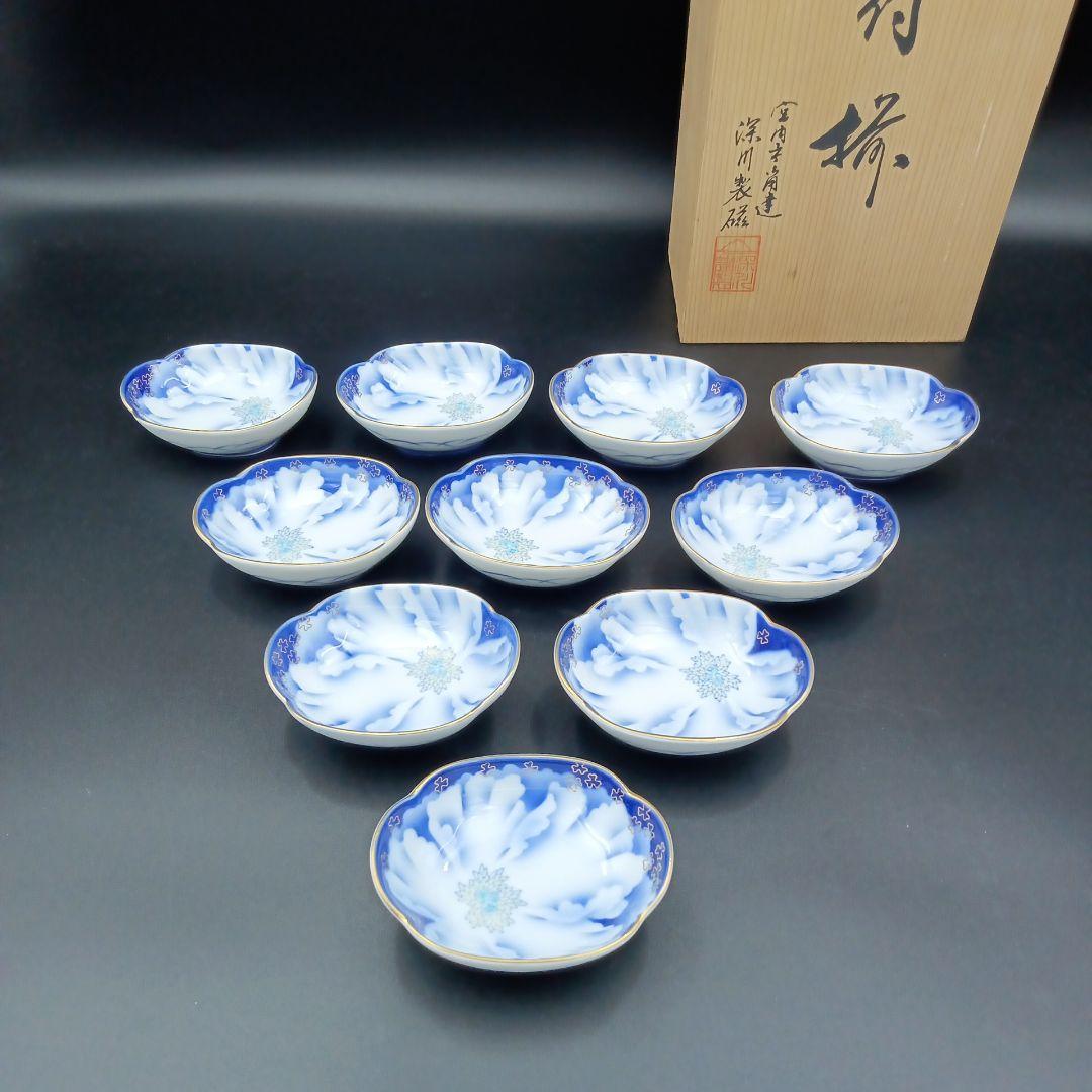 【なぎ】深川製磁　官窯牡丹金ミル　小付揃　 楕円小皿　10枚