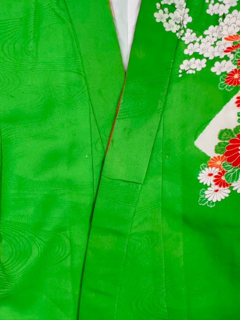 七五三に★レトロな黄緑色に御所車　疋田模様　七歳着物フルセット