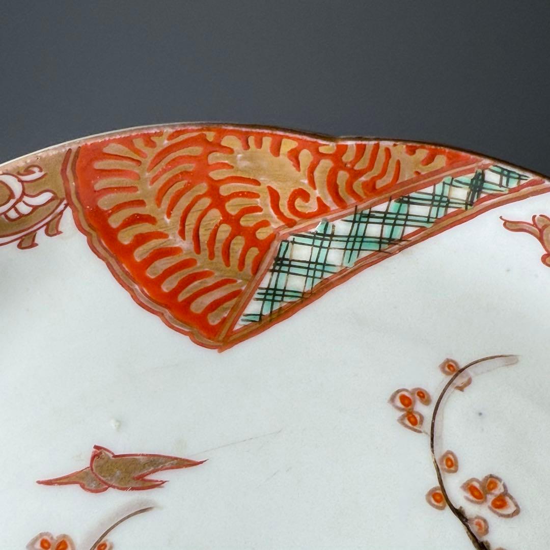 古伊万里　錦手　色絵鷺扇子文様輪花形皿　8枚　1700年代後期　15.5cm