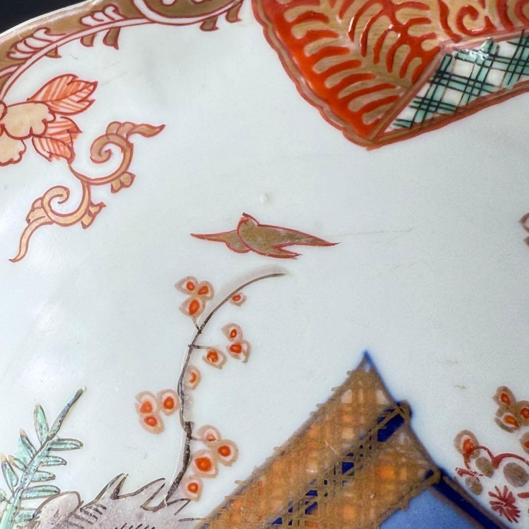 古伊万里　錦手　色絵鷺扇子文様輪花形皿　8枚　1700年代後期　15.5cm