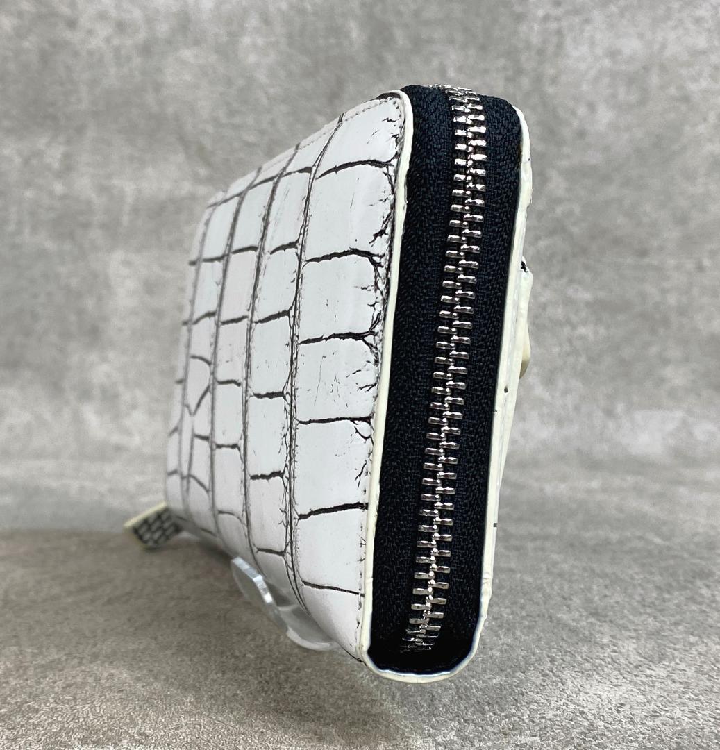 【未使用】 クロコダイル ワニ革 ラウンドファスナー 長財布 目地染 ホワイト