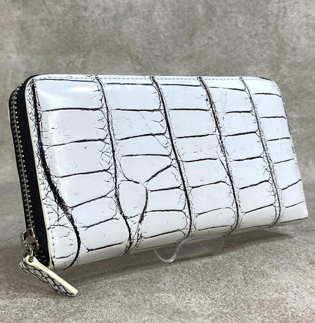 【未使用】 クロコダイル ワニ革 ラウンドファスナー 長財布 目地染 ホワイト