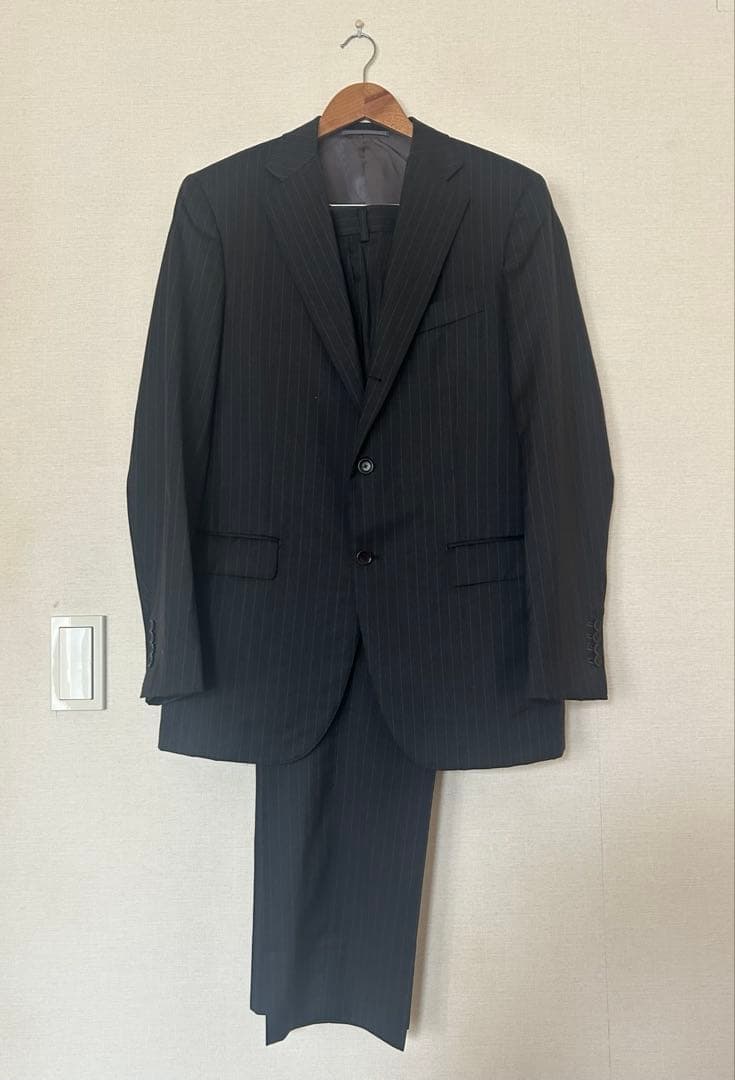 【BEAMS F】シングル3ボタン段返りsize52 ダークグレーピンストライプ