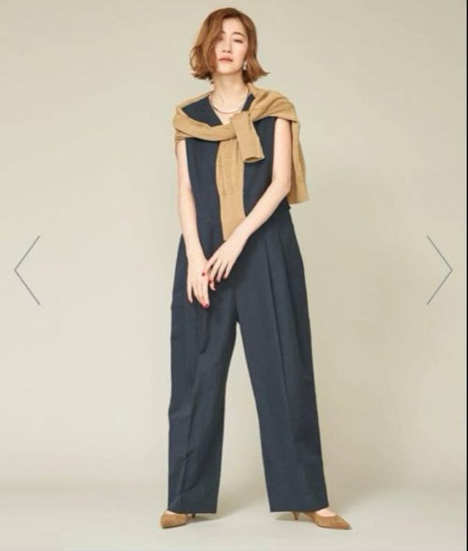 【conte】ヘリンボーンVネックオールインワン　ネイビー