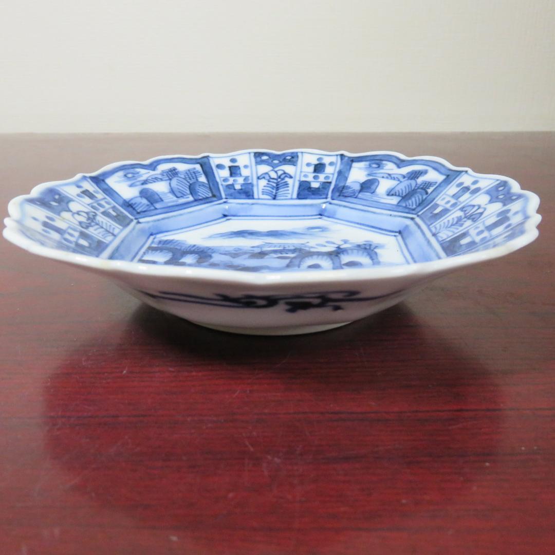 中皿 5枚 染付 山水文様 幾何学 草文様 花弁縁 銘