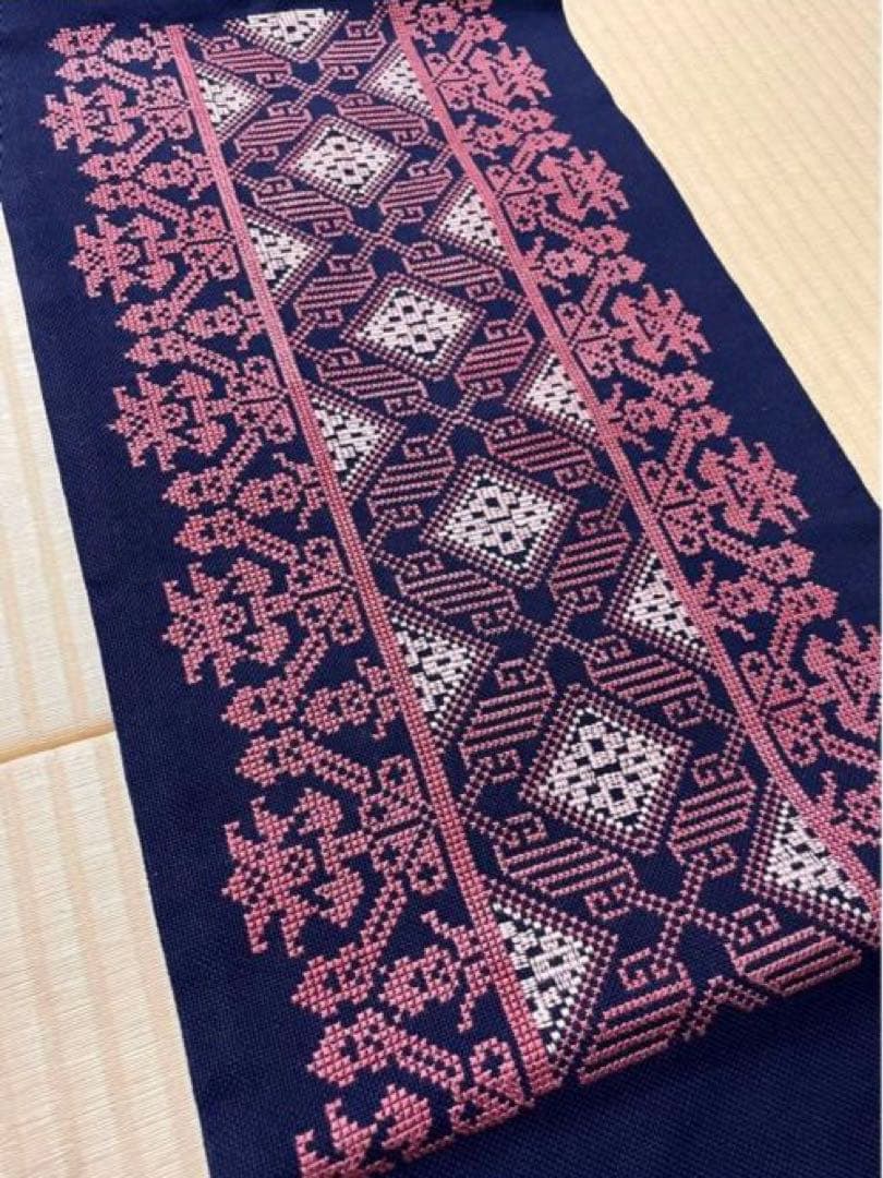 総刺繍 クロスステッチ 刺し子 綿 九寸名古屋帯