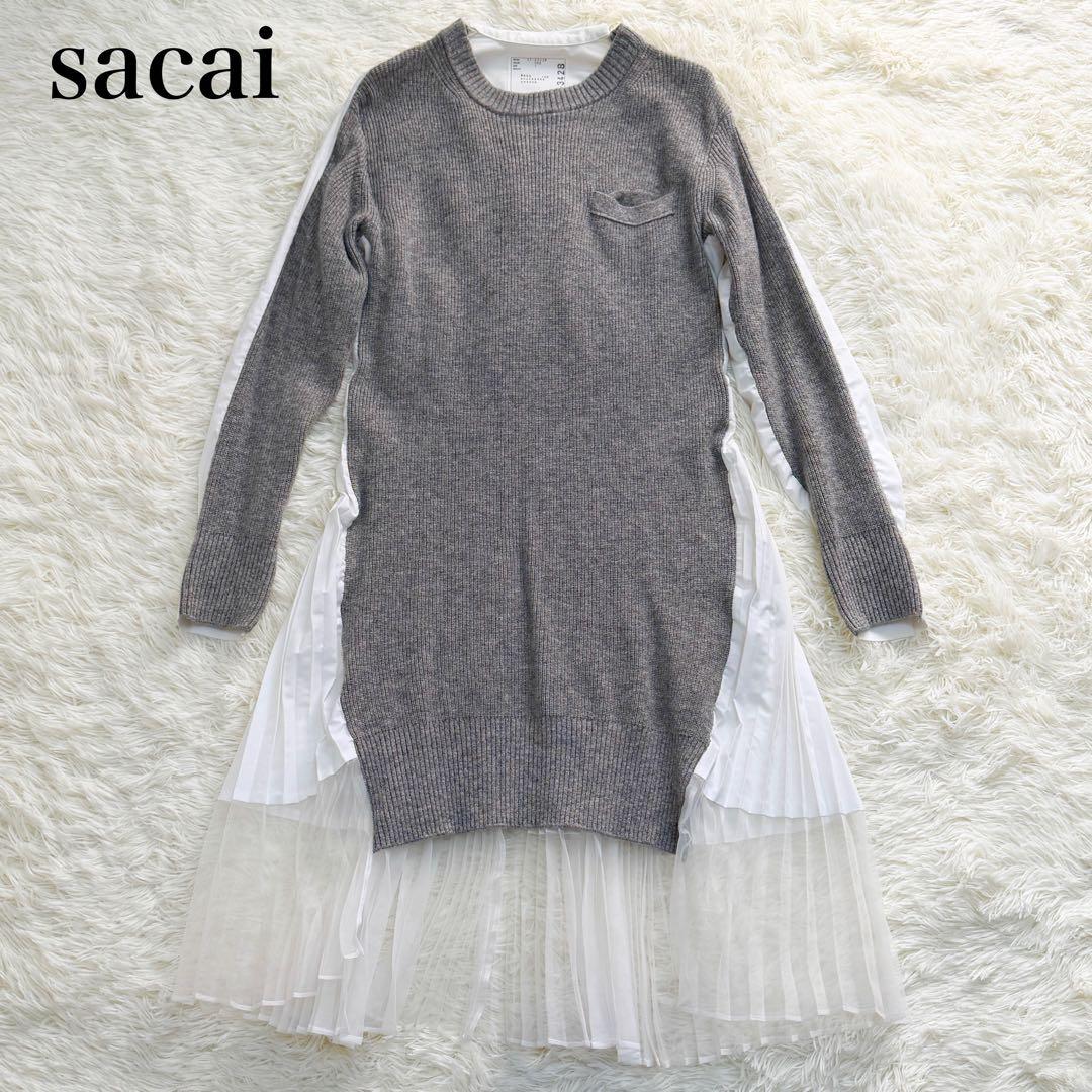 sacai グレー ホワイト ワンピースプリーツワンピース ドッキング M
