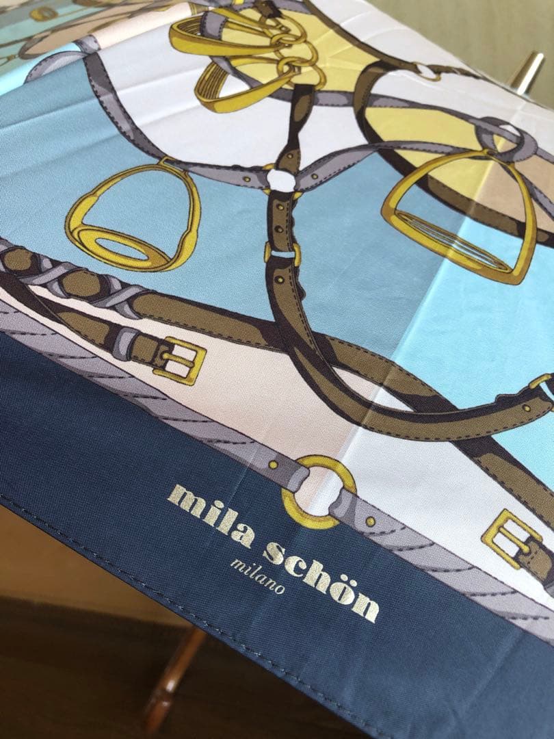 新品　Mila Schon 晴雨兼用傘　折りたたみ日傘　ベルト柄　ベルトブルー