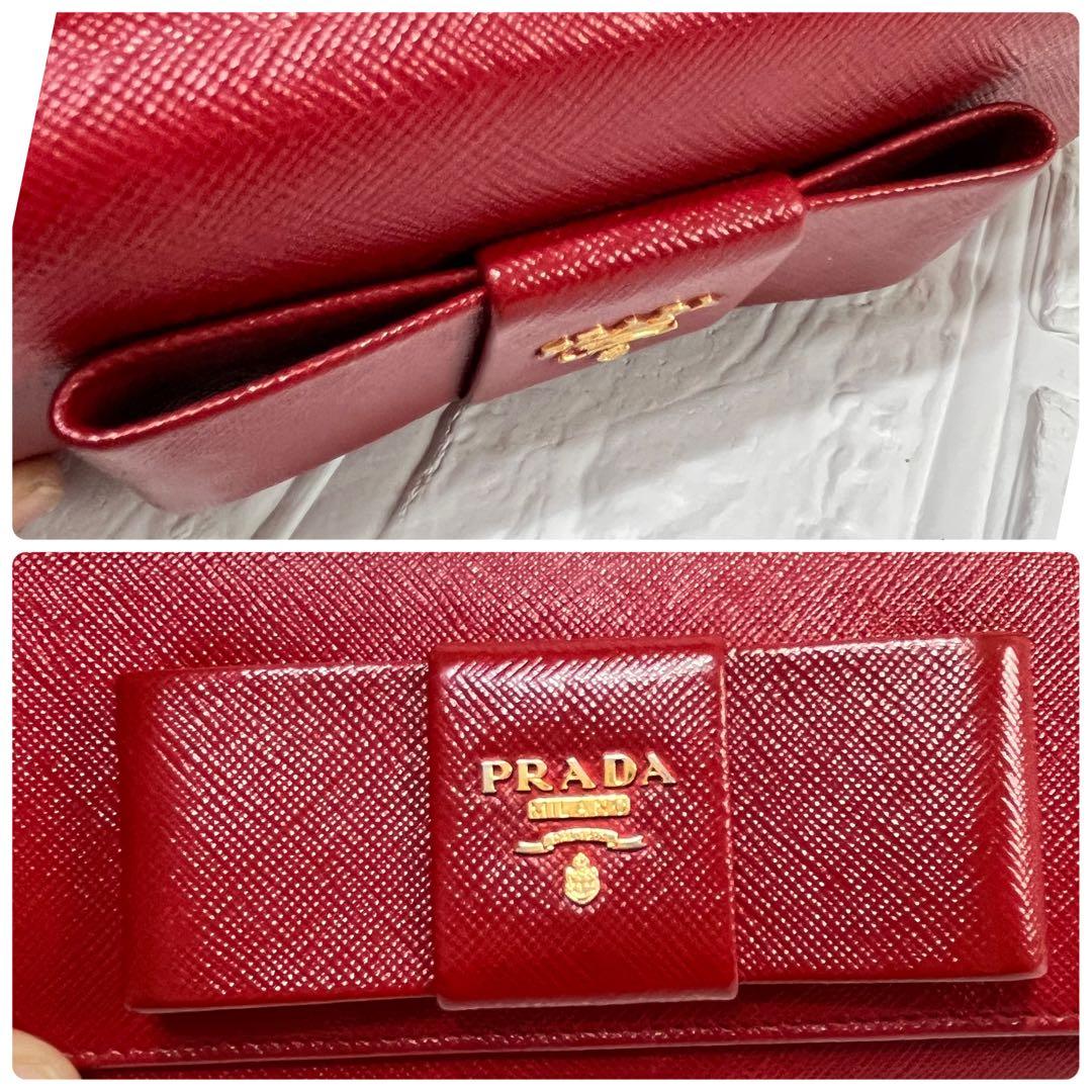 美品✨プラダ　フィオッコ　サフィアーノ　リボン　赤　カードケース付き