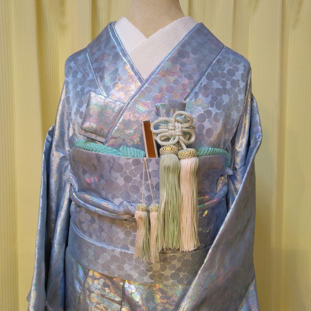 花嫁掛下セット　掛下帯、はこせこセット付き ホログラム振袖 ライトブルー