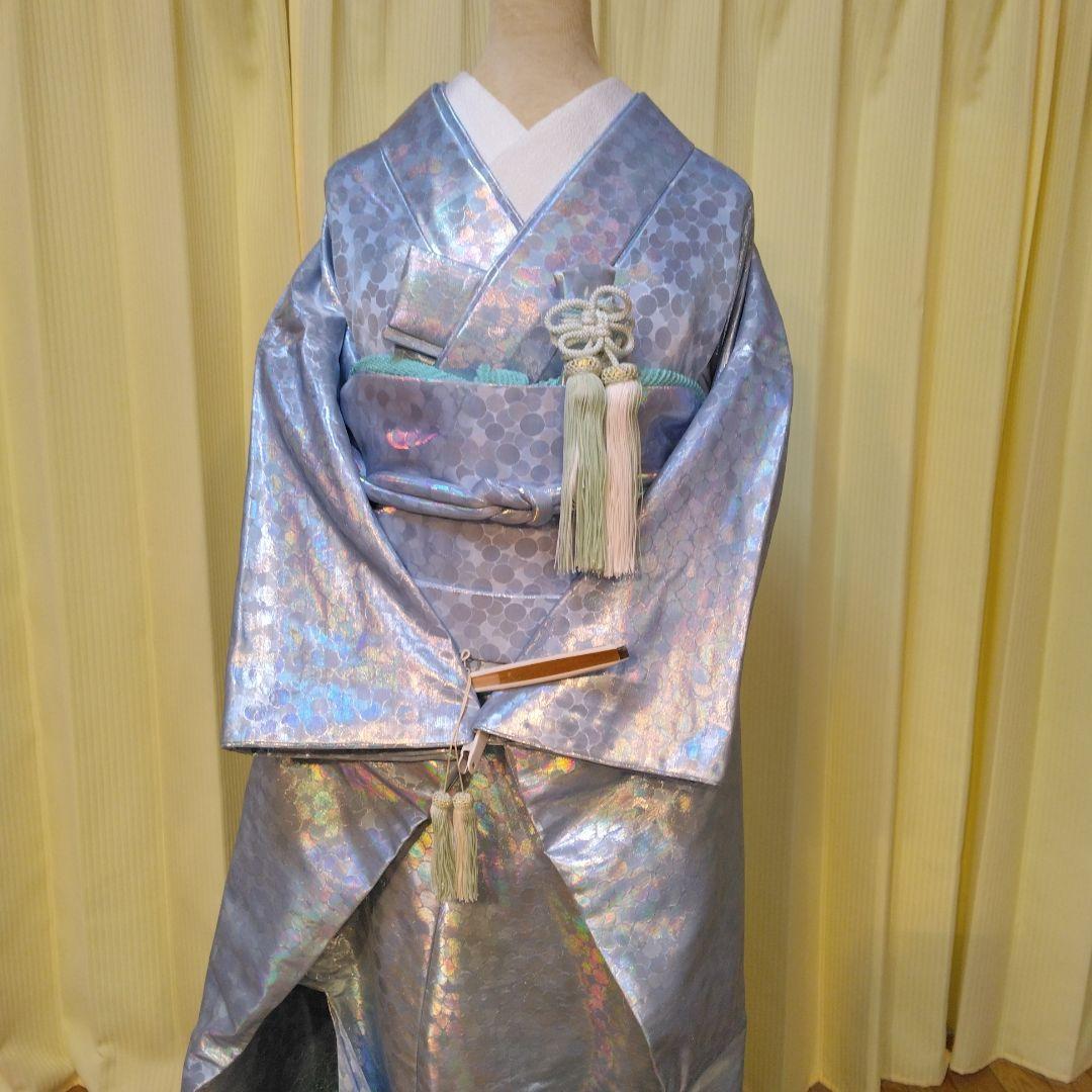 花嫁掛下セット　掛下帯、はこせこセット付き ホログラム振袖 ライトブルー