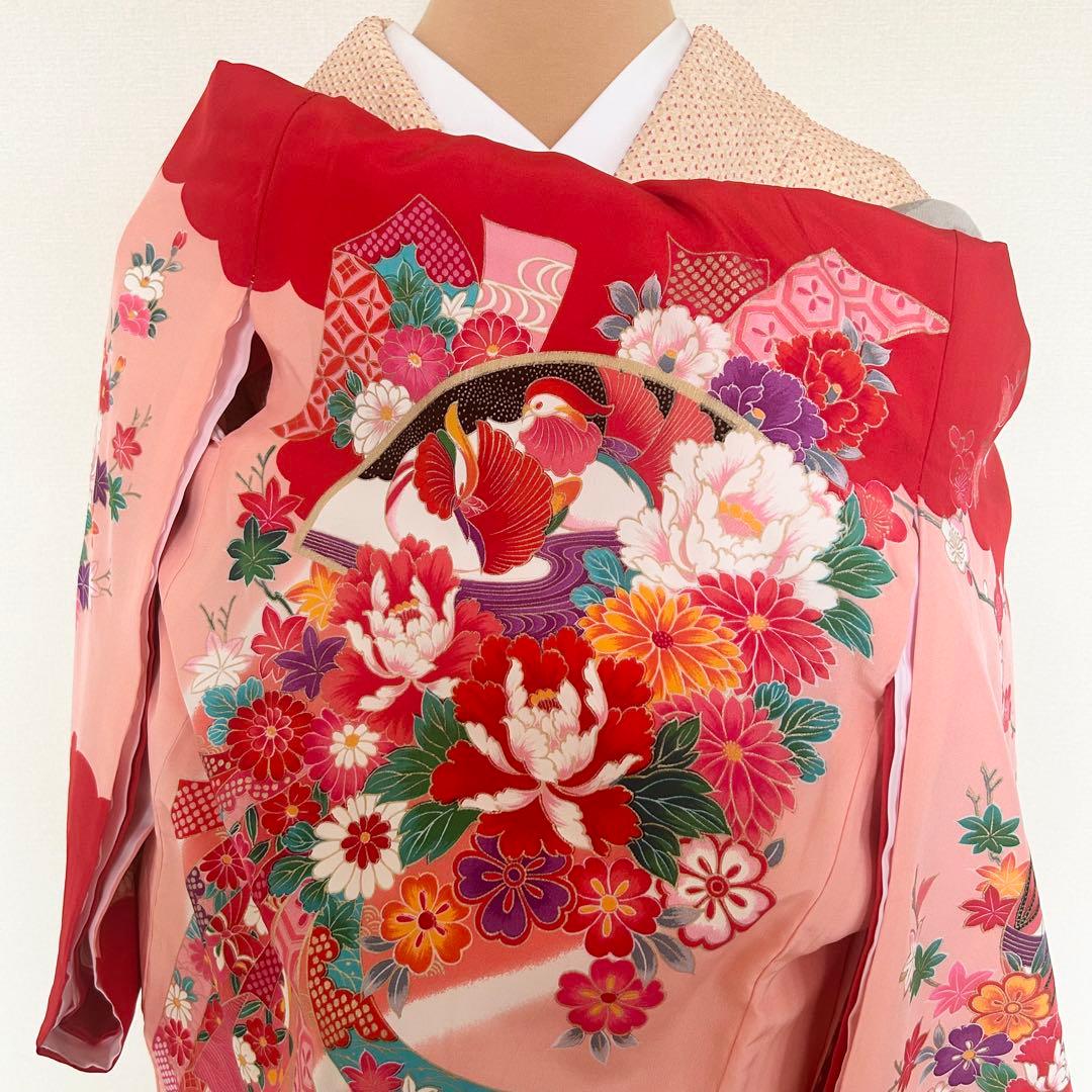 お宮参り　産着　祝着　赤×ピンク　おしどり　花々　束ね熨斗　女の子　襦袢付き