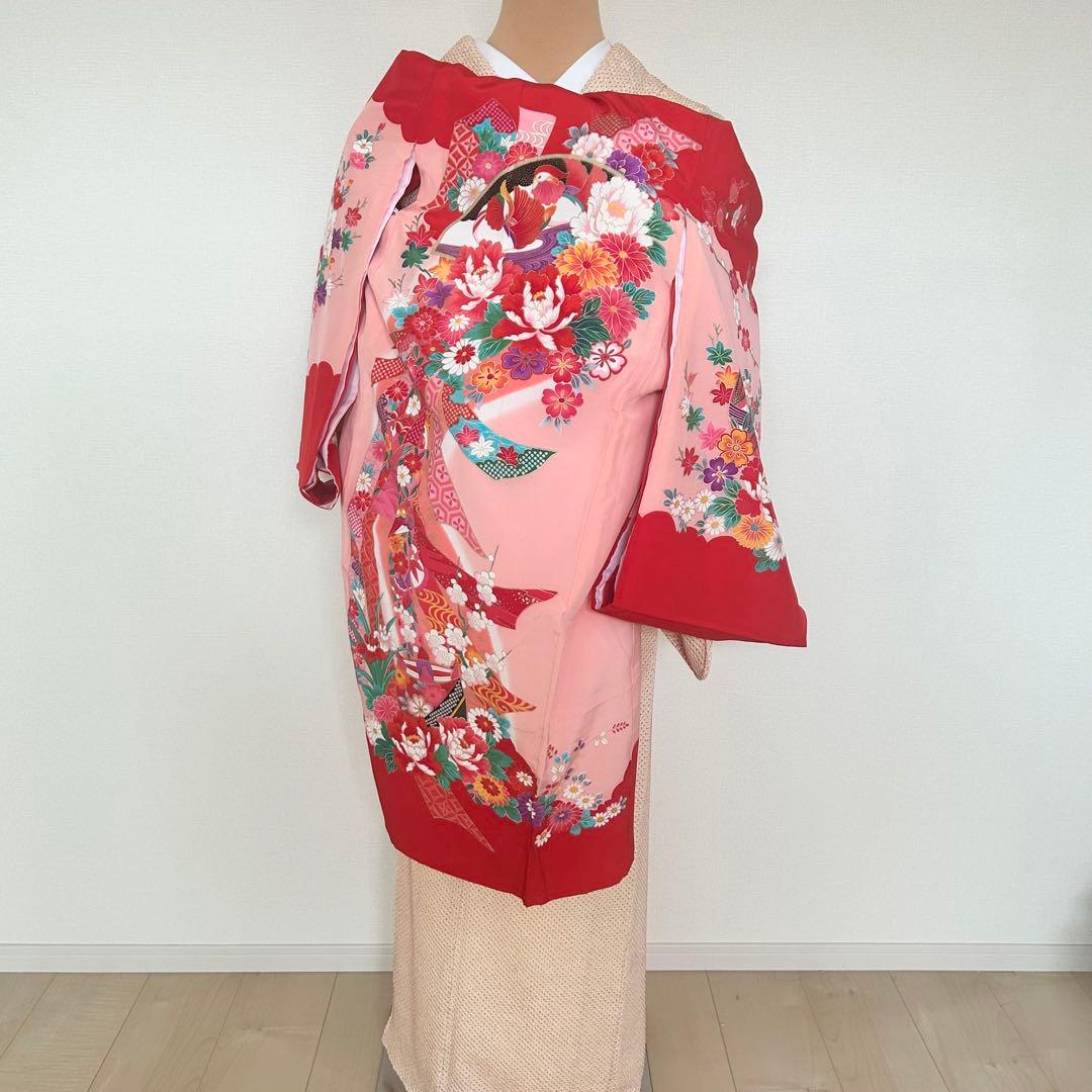 お宮参り　産着　祝着　赤×ピンク　おしどり　花々　束ね熨斗　女の子　襦袢付き