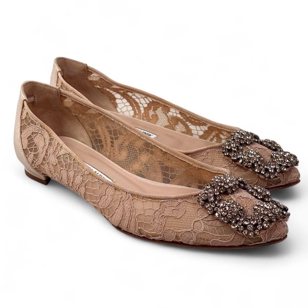 美品 マノロブラニク 36 23 ハンギシ レース ビジュー バックル ベージュ