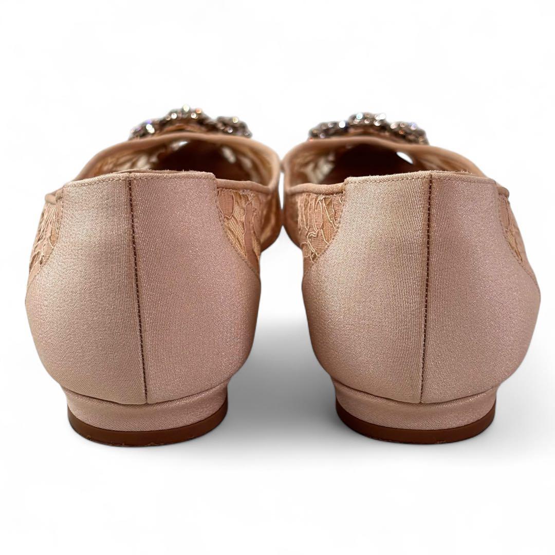 美品 マノロブラニク 36 23 ハンギシ レース ビジュー バックル ベージュ