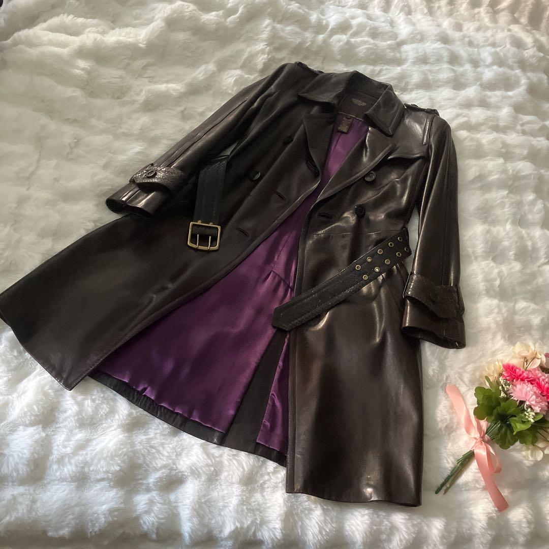 コーチCOACH革レザートレンチコート ダークブラウン⭐︎裏地シルク100%美品