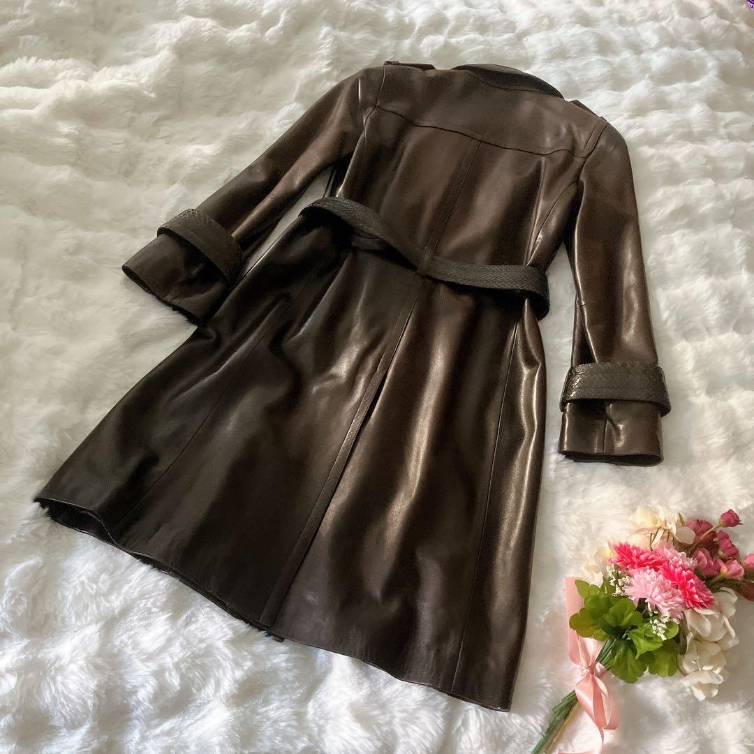 コーチCOACH革レザートレンチコート ダークブラウン⭐︎裏地シルク100%美品