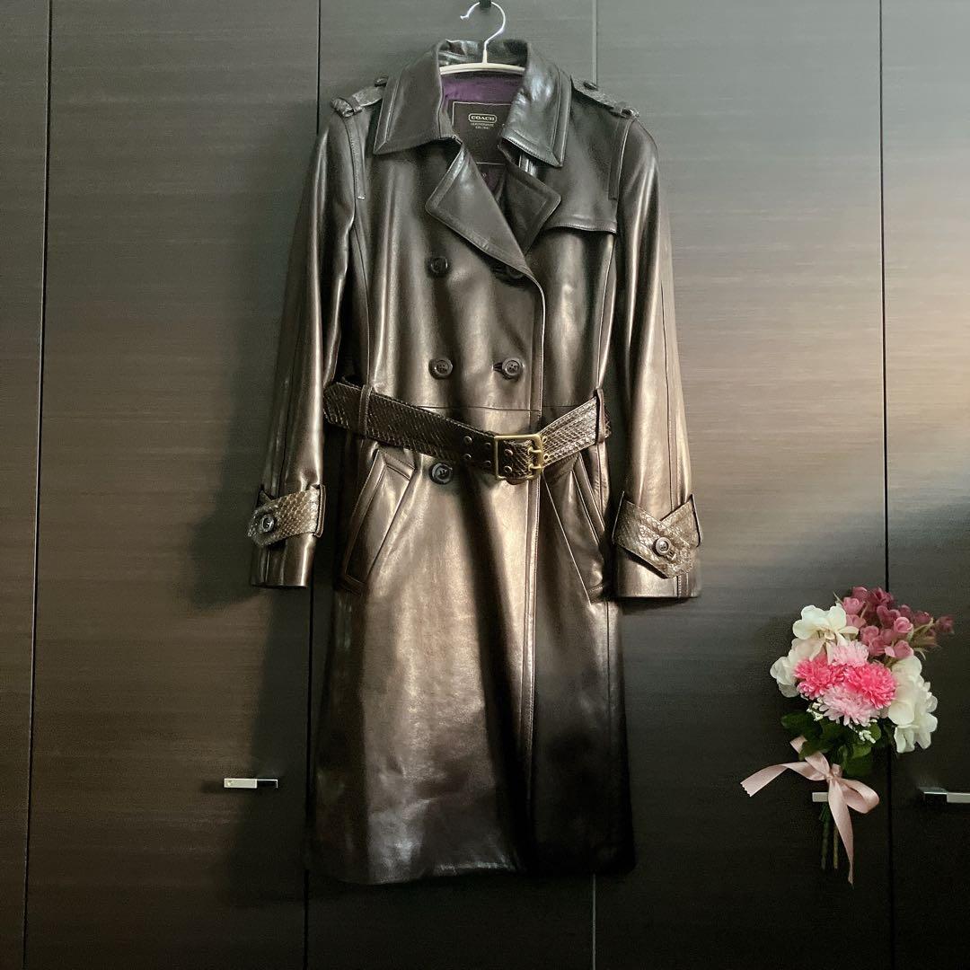 コーチCOACH革レザートレンチコート ダークブラウン⭐︎裏地シルク100%美品
