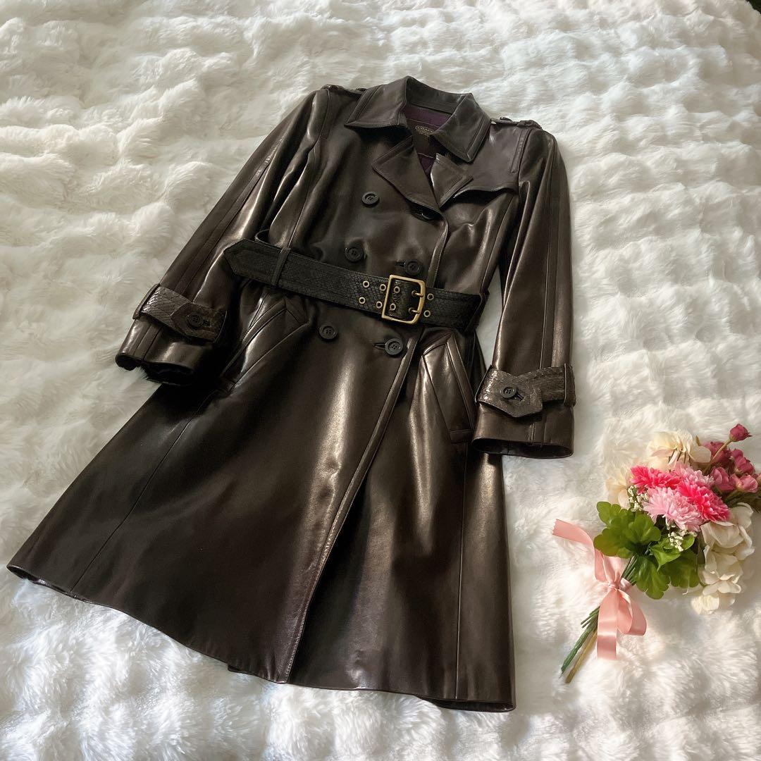 コーチCOACH革レザートレンチコート ダークブラウン⭐︎裏地シルク100%美品