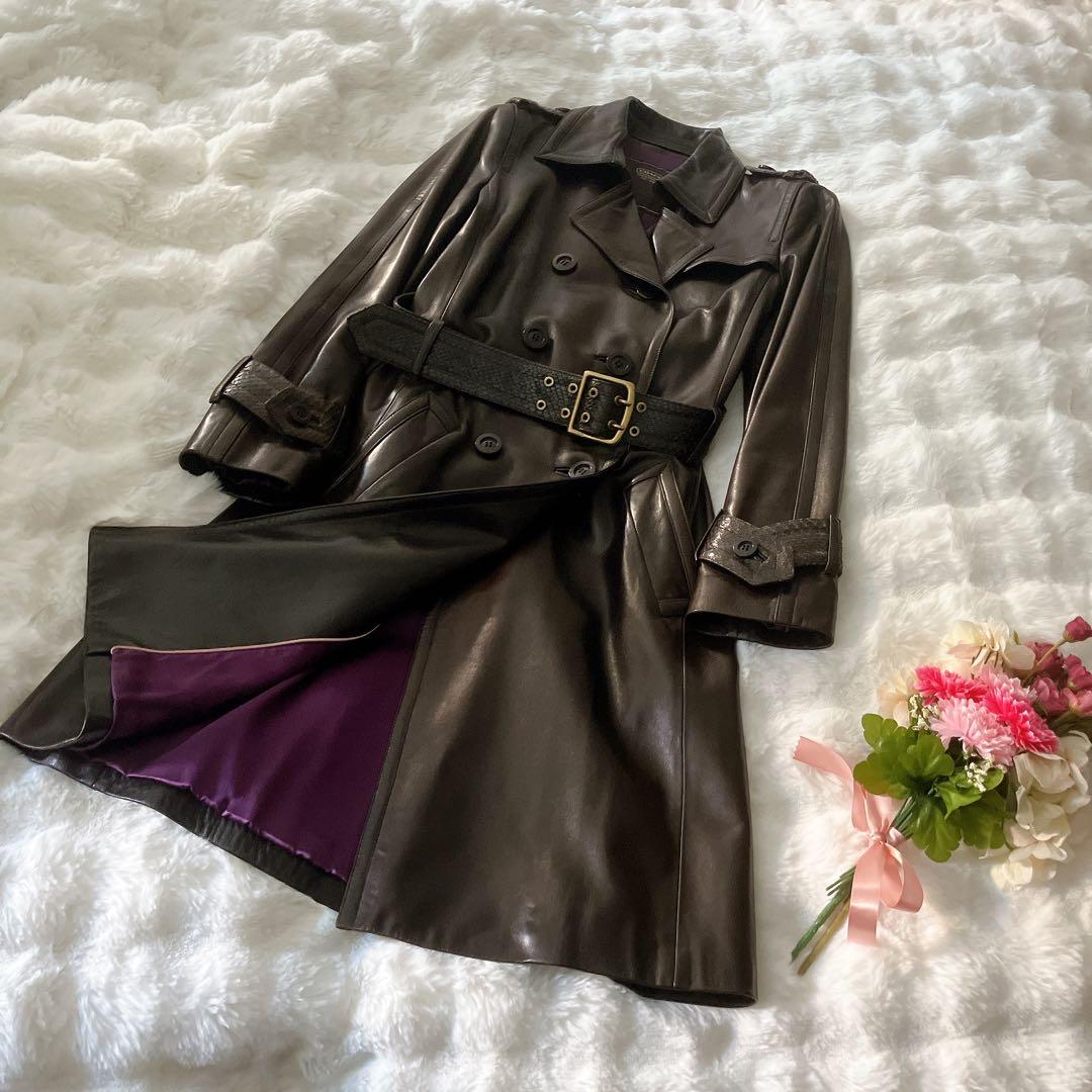 コーチCOACH革レザートレンチコート ダークブラウン⭐︎裏地シルク100%美品