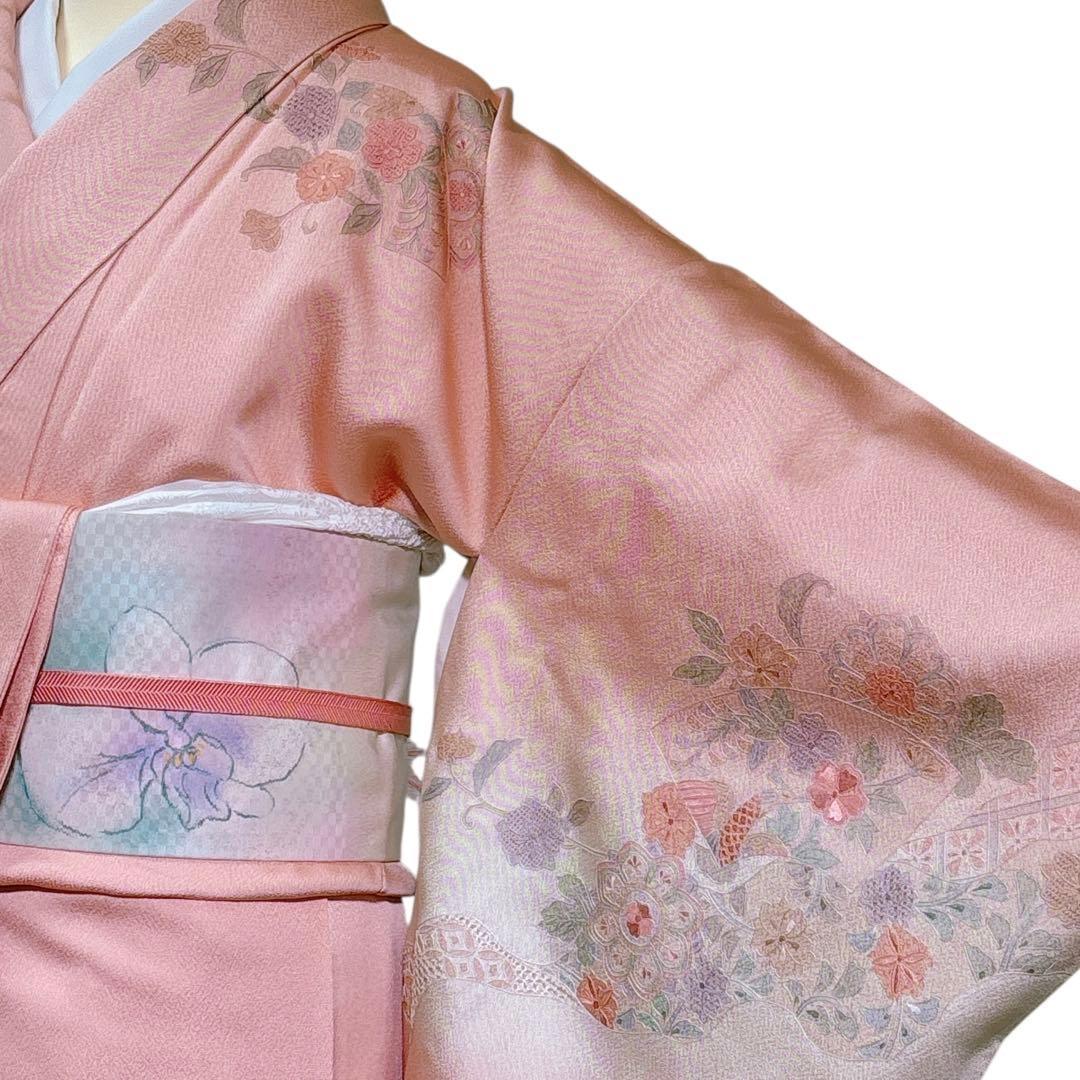 A106愛華 未使用着物 刺繍　スワト　宍色　美品　正絹　フォーマル