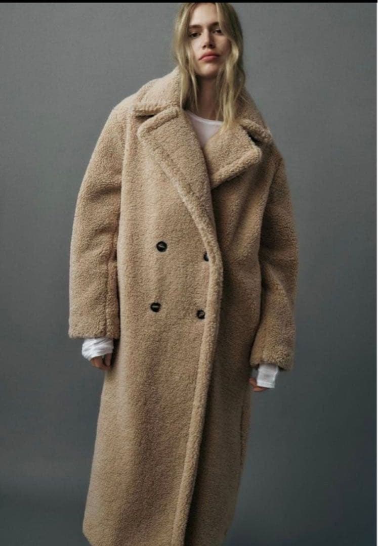 【美品】ザラ エクストラロングフェイクボアコート ダブルブレスト Sサイズ