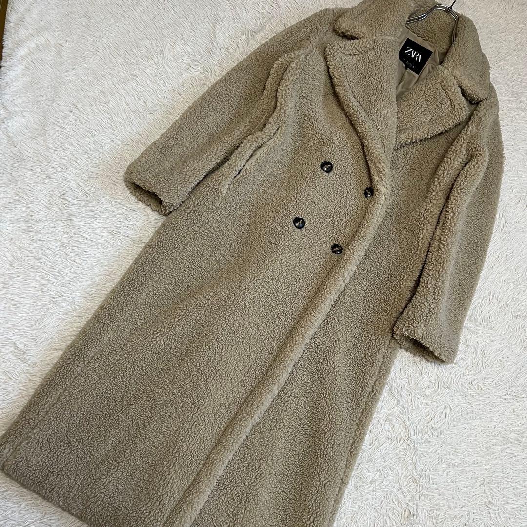 【美品】ザラ エクストラロングフェイクボアコート ダブルブレスト Sサイズ