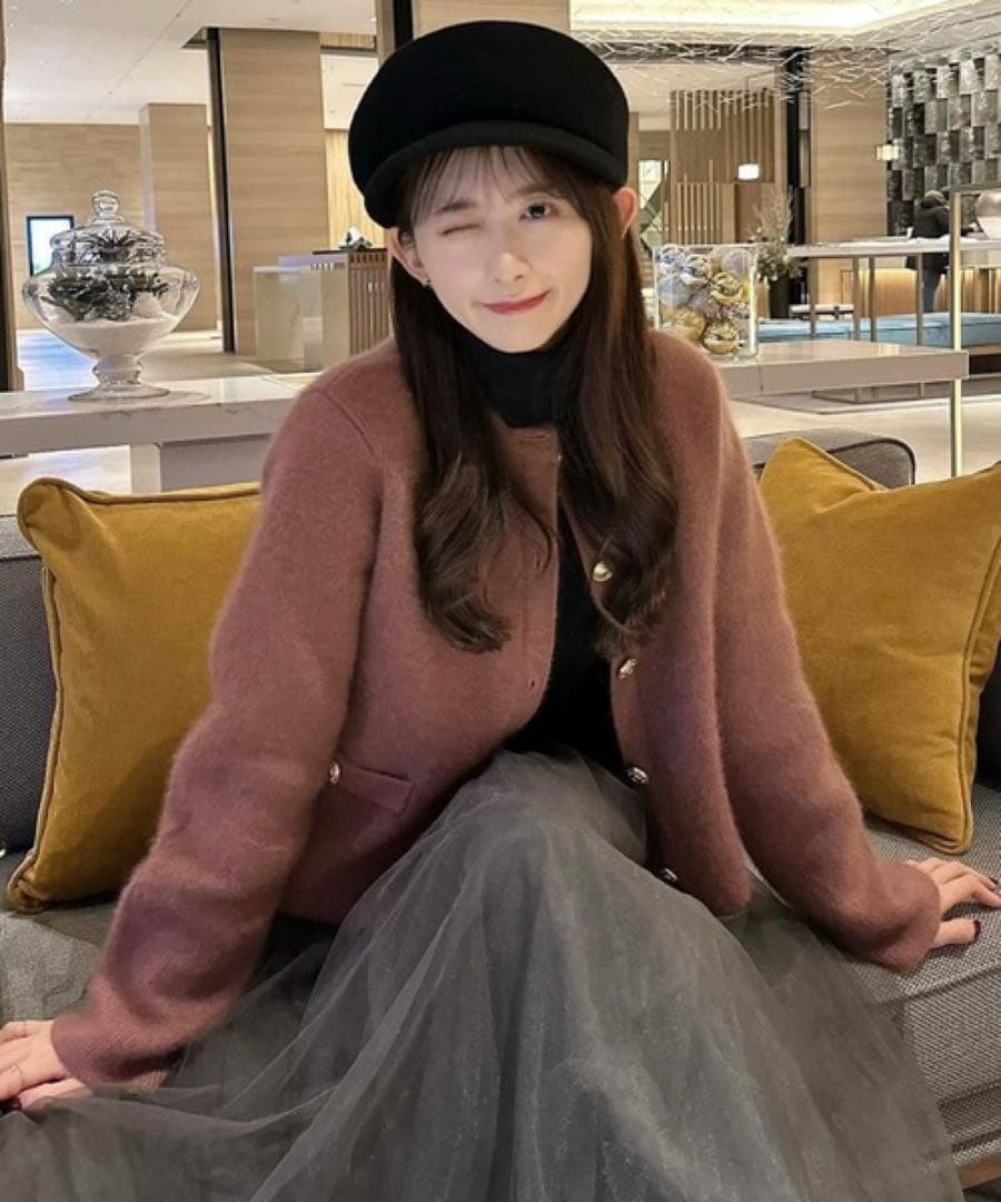 ラクーンブレンドノーカラーニットジャケット　ピンク　zozo anuans