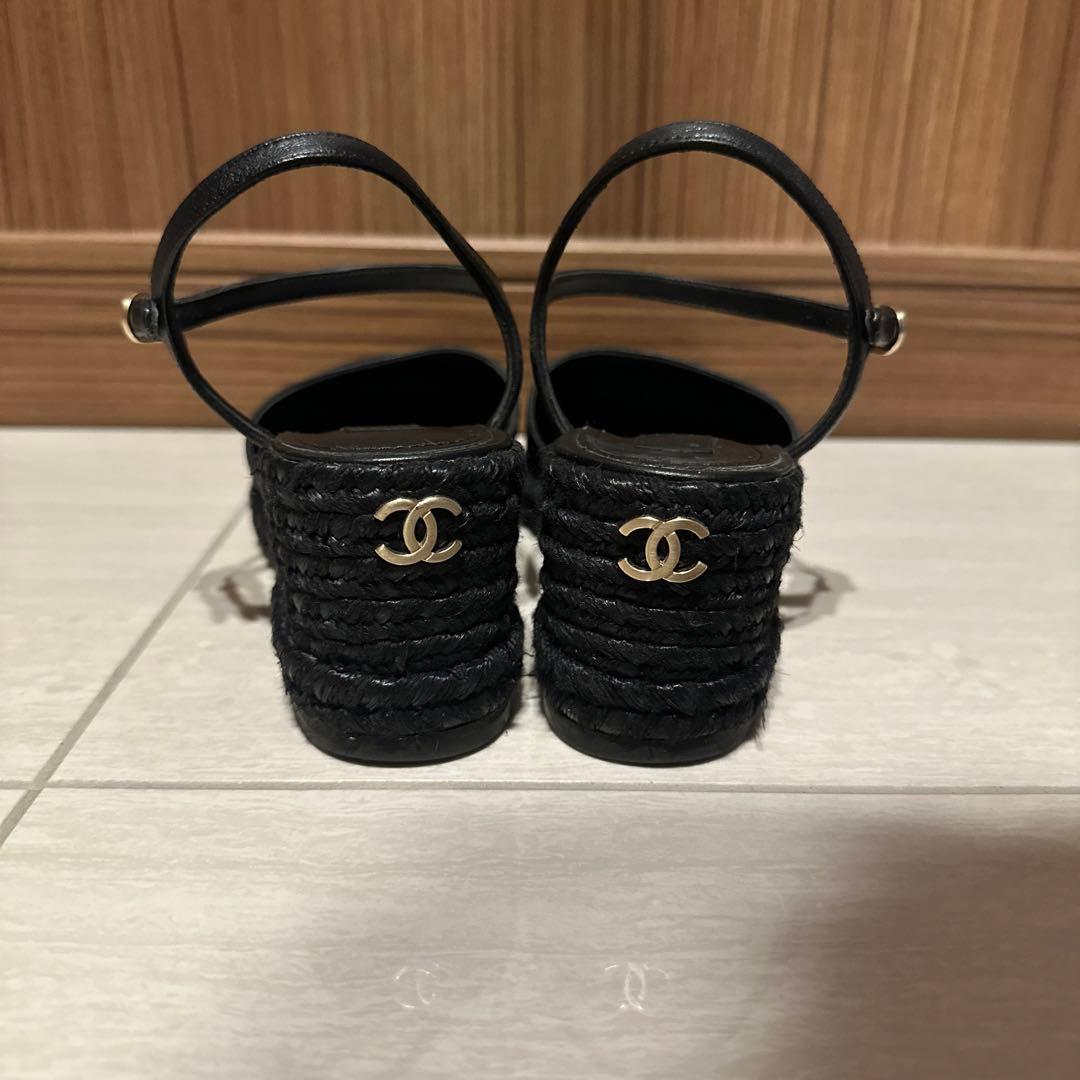 CHANEL 黒 レザー エスパドリーユ 保存袋付き