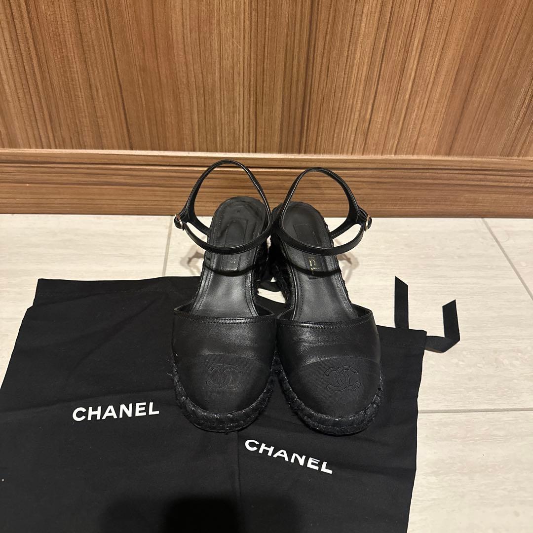 CHANEL 黒 レザー エスパドリーユ 保存袋付き