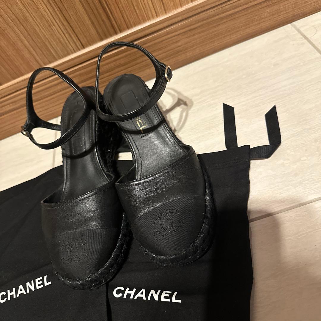 CHANEL 黒 レザー エスパドリーユ 保存袋付き