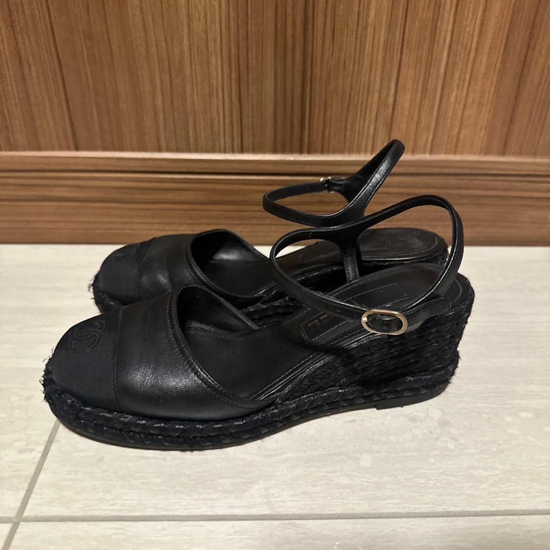 CHANEL 黒 レザー エスパドリーユ 保存袋付き