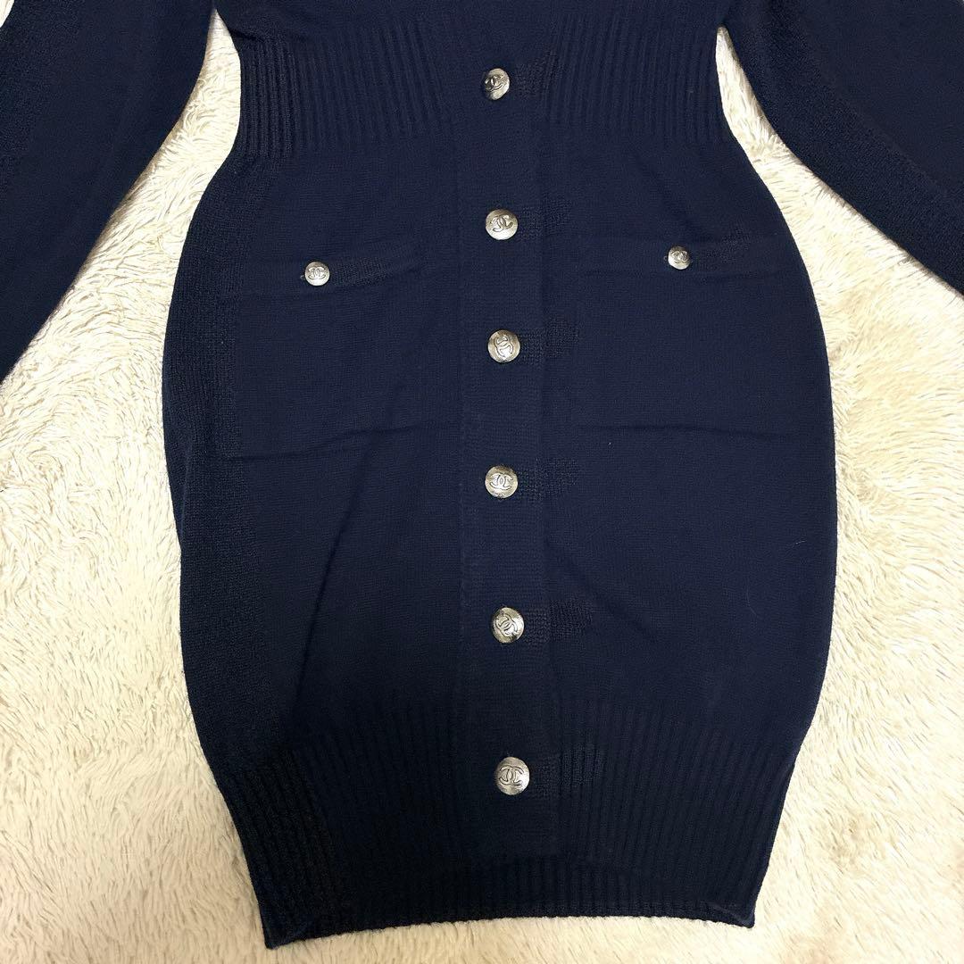 CHANEL ニットワンピース　ココマーク　メタルボタン　34 カシミヤ100%