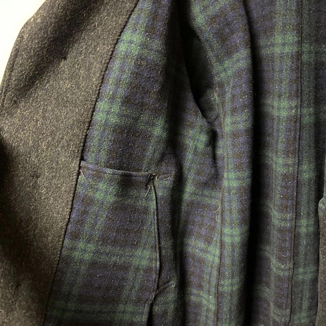 vintageウールコート ダークグレー チェック裏地