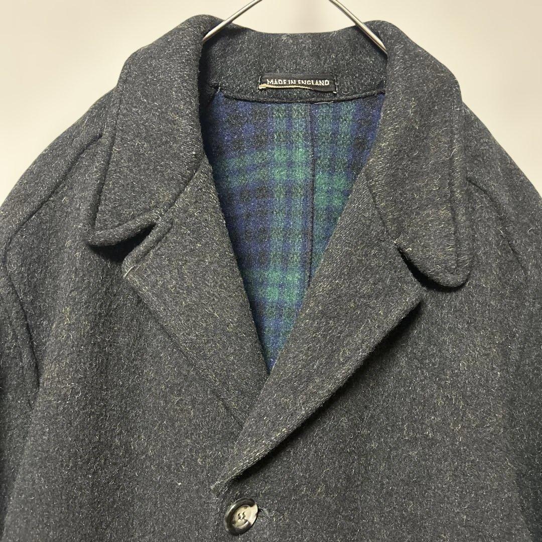 vintageウールコート ダークグレー チェック裏地